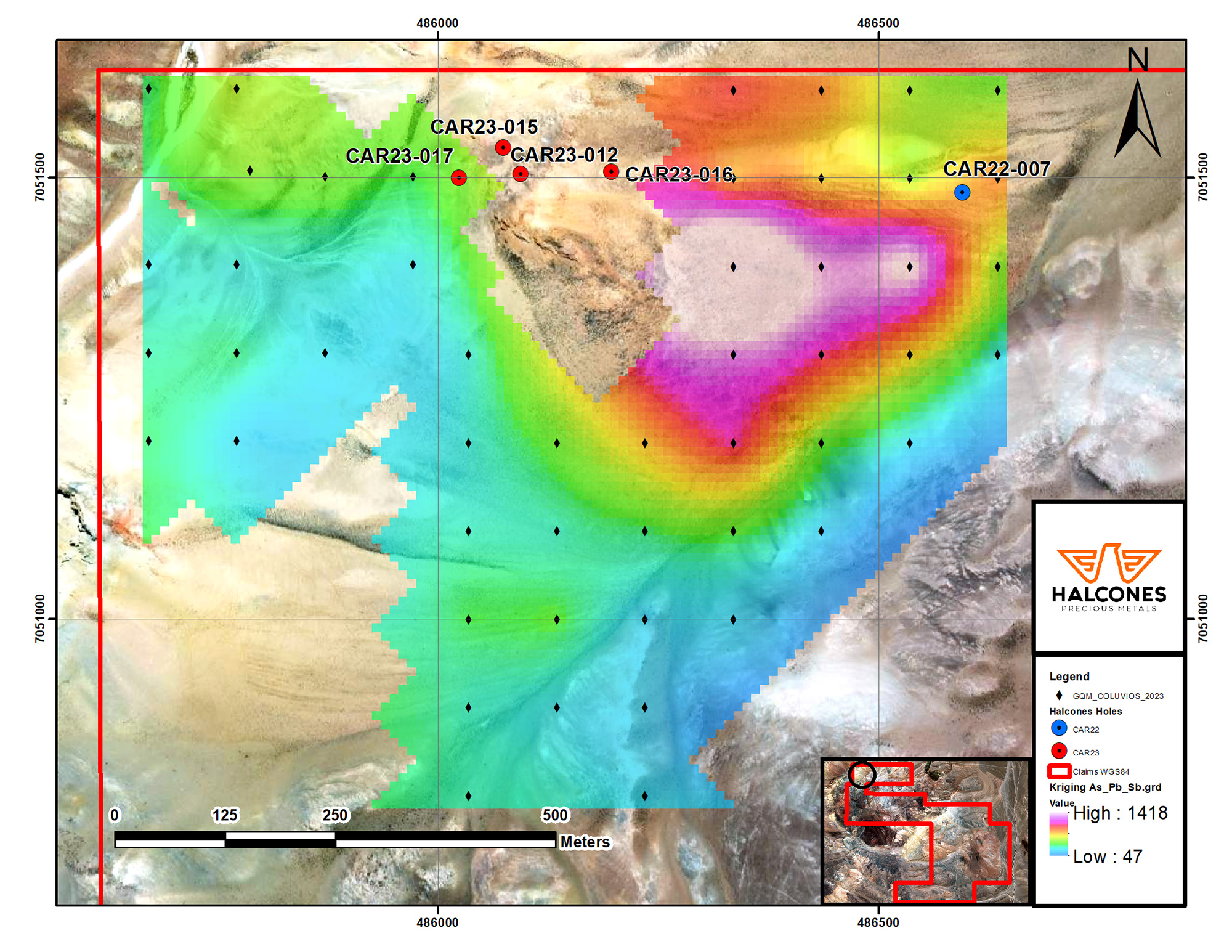 Drill hole locations and soil anomaly