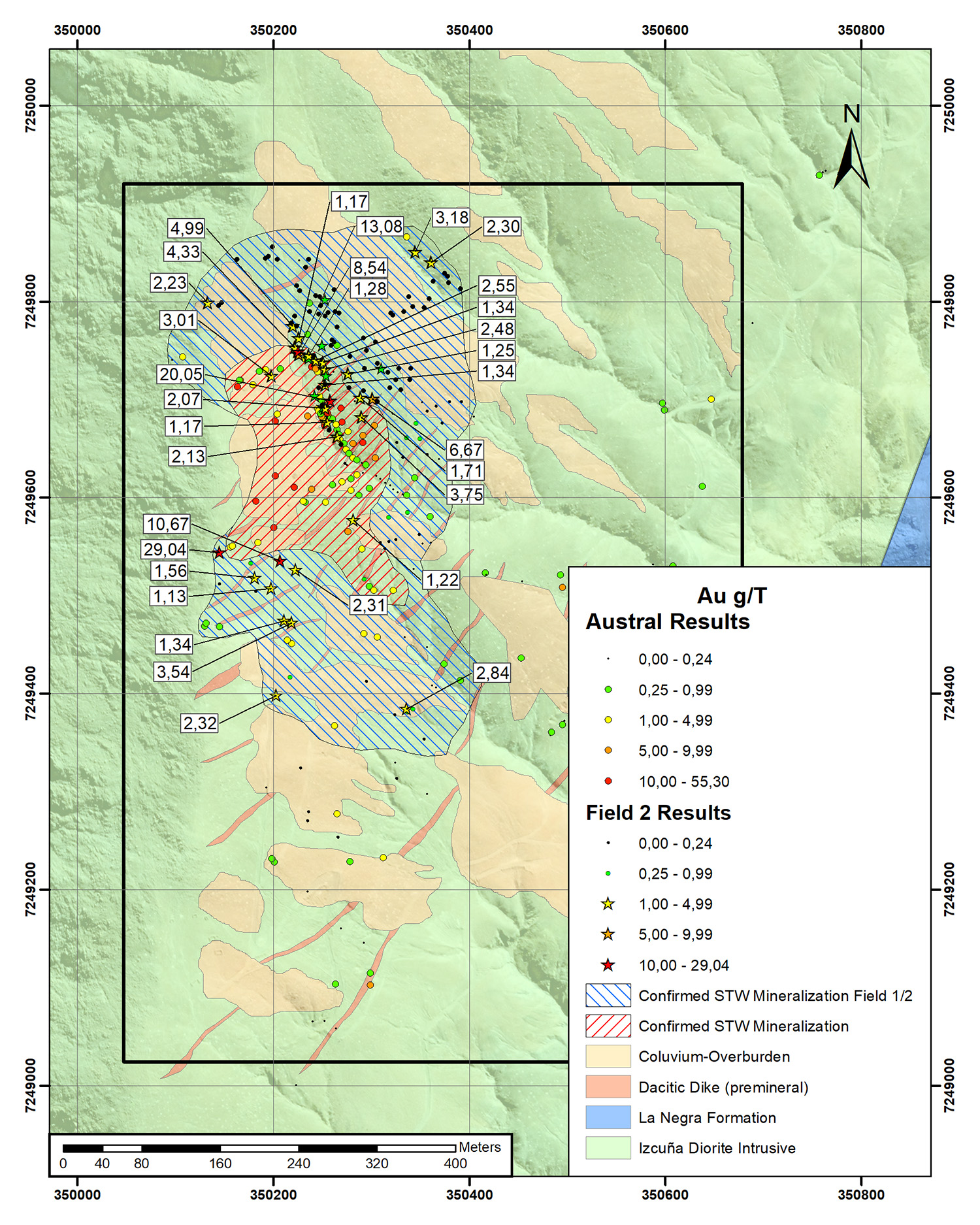 Polaris North Zone field program results with recent assays represented. The stars are Halcones’ samples, the dots are samples by the optionors.